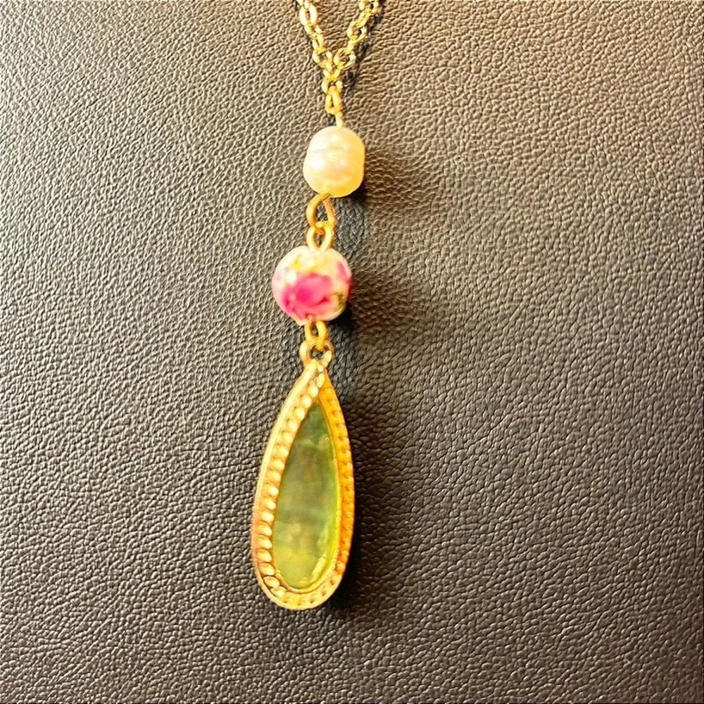 Pendant Necklace Gold Green Teardrop Floral Rose Bead Cottagecore Whimsygoth